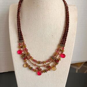 Boho Multi Strand Glass Bead Necklace Red Gold Brown 16-18”